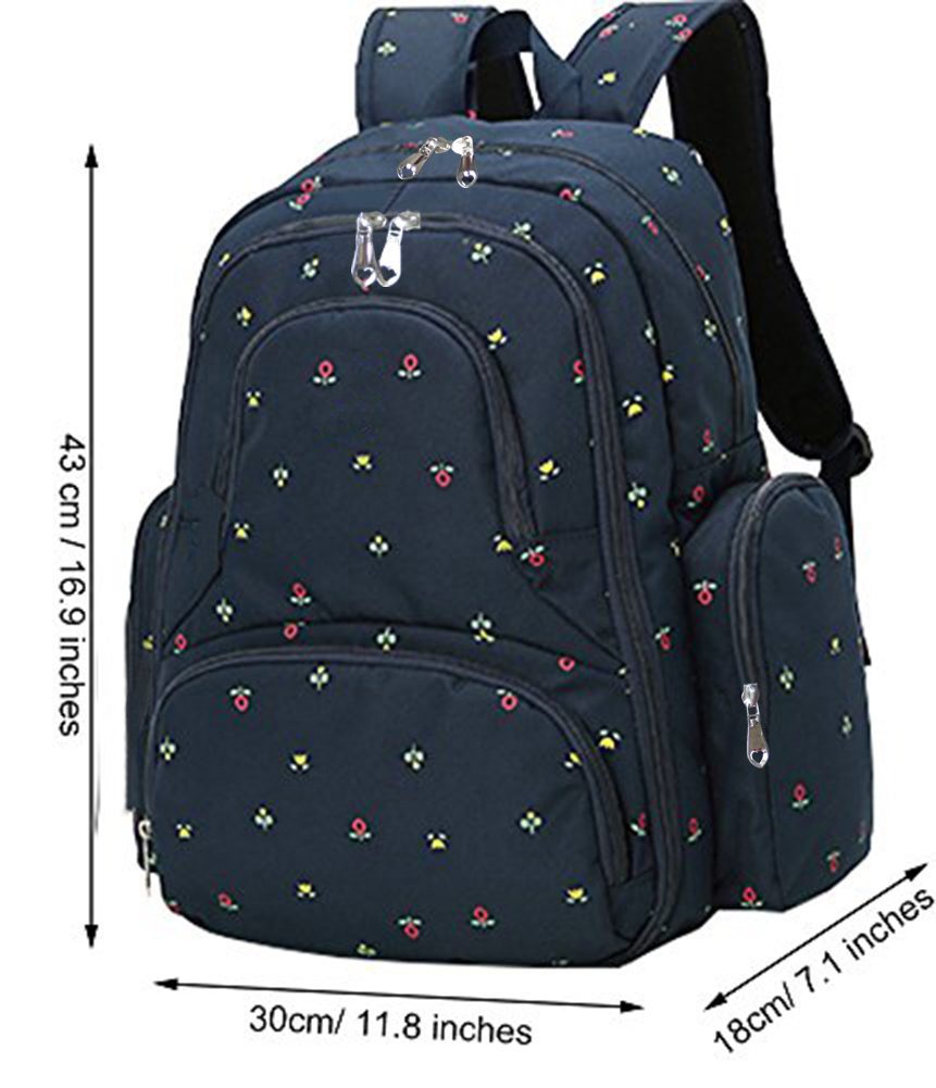 Baby 16 Pockets Waterproof Oxford Fabric Travel Backpack Diaper Bag with Changing Pad 3 Pieces Set (Dark Blue Flower Print)