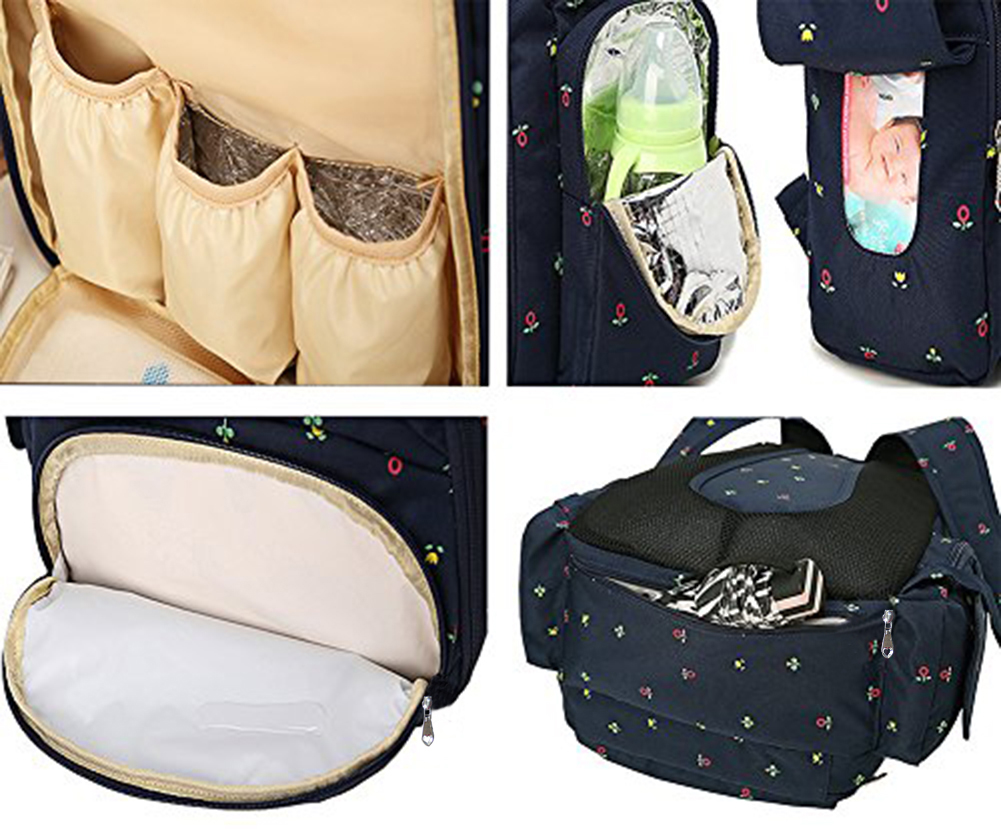 Baby 16 Pockets Waterproof Oxford Fabric Travel Backpack Diaper Bag with Changing Pad 3 Pieces Set (Dark Blue Flower Print)